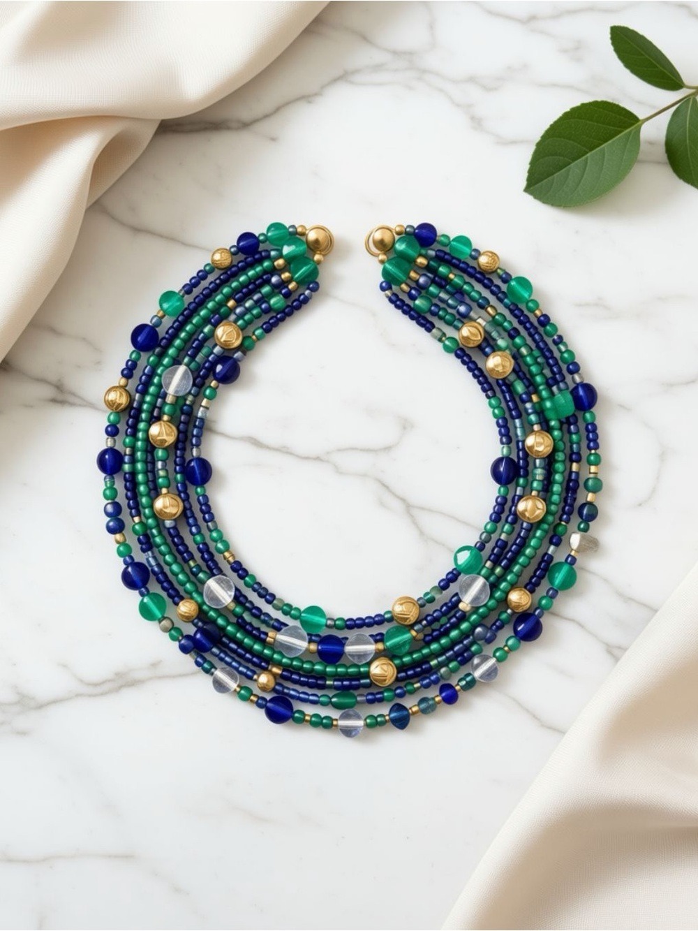 Blue/Green Vintage-style, Multi-strand necklace with faceted glass beads